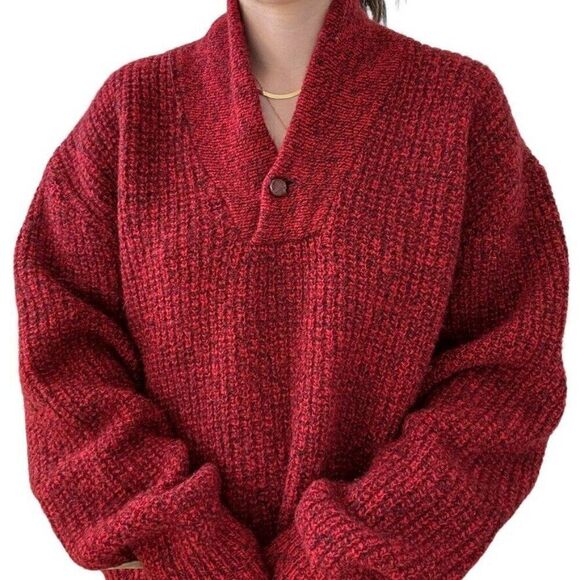 Vintage American Eagle Red Mareled Cowl Neck Ribbed Wool Sweater Elbow Patch L - Picture 4 of 7